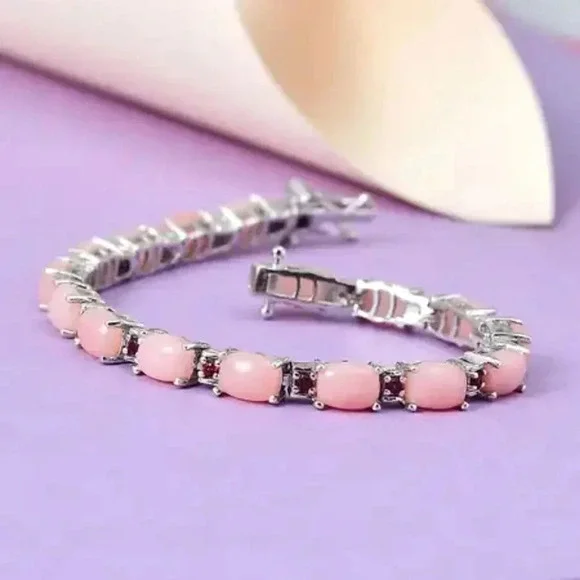 Peruvian Pink Opal & Orissa Rhodolite Garnet Tennis Link Style Bracelet. - Picture 4 of 11